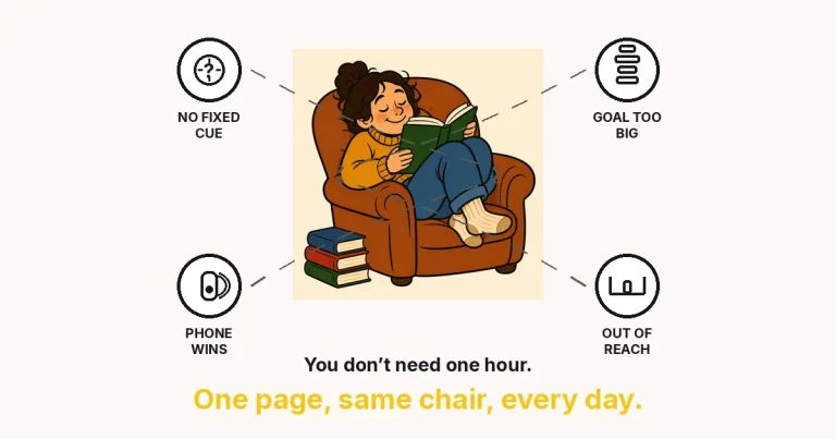 How to start a reading habit featured image: a person curled up reading in an armchair, with NO FIXED CUE, GOAL TOO BIG, PHONE WINS and OUT OF REACH icon rings.