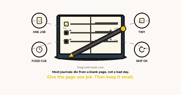 How to Start Journaling — The Growth Reads featured image: an open notebook with a checked checklist item and a pen resting diagonally across it, plus one-job, fixed-cue, tiny, and skip-ok rings.