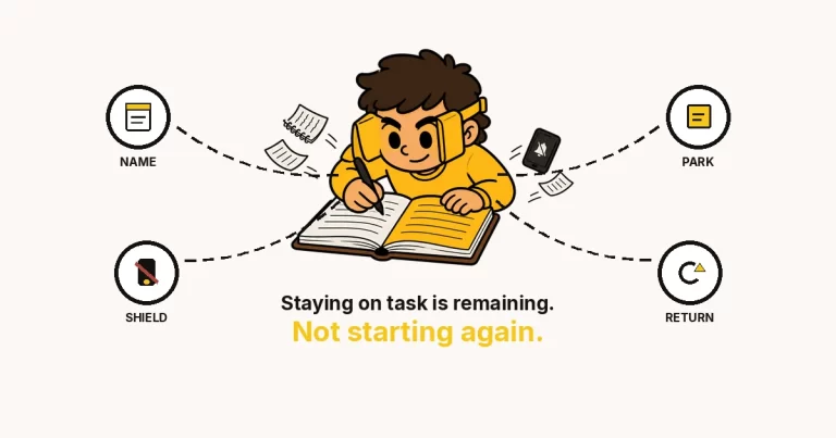 How to stay on task — The Growth Reads featured drawing: a cartoon person in yellow tunnel-vision blinkers staying with one open notebook, with NAME, PARK, SHIELD and RETURN rings.