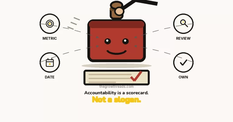 How to Take Accountability — The Growth Reads featured image: a large cartoon rubber stamp with a face, landing a checkmark on a scorecard, with metric, date, review, and own rings.