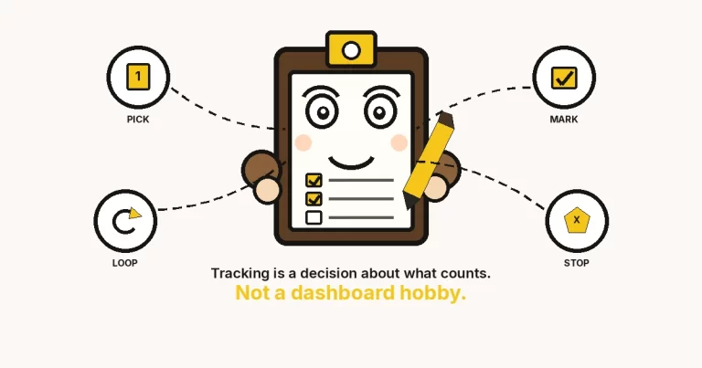 Cartoon featured image: a large clipboard with a face holding a yellow pencil, with PICK, MARK, LOOP, and STOP rings — how to track productivity is a decision about what counts, not a dashboard hobby.