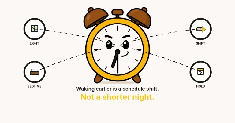 How to wake up early if you sleep late — large cartoon alarm-clock hub with Light, Bedtime, Shift, and Hold rings. Schedule shift, not a shorter night.