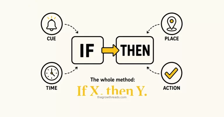 Implementation intentions featured image: an IF-THEN hinge with cue, time, place, and action rings. thegrowthreads.com