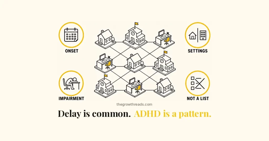 Is procrastination a sign of ADHD: delay is common — ADHD is a pattern across home, school, and work. Not a melting-clock brain.