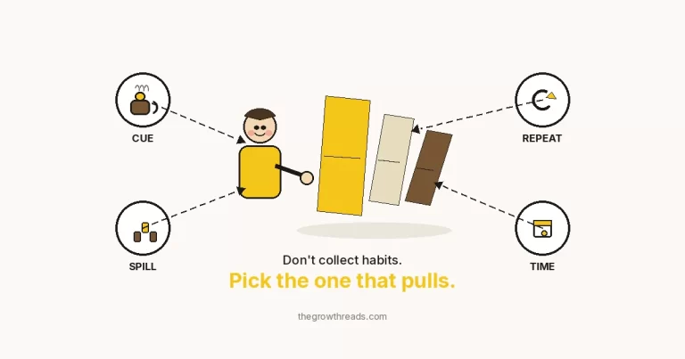 Cartoon featured image: a person tipping the first yellow keystone-domino so other habits follow, with cue, repeat, spill and time rings.