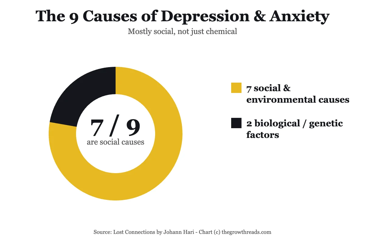 Chart showing 7 of the 9 causes of depression and anxiety in Lost Connections are social, only 2 are biological