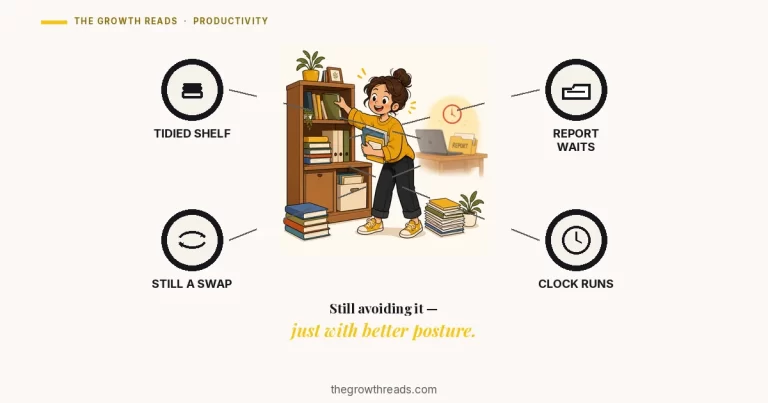 Productive procrastination featured image: a cartoon character happily reorganising a bookshelf while a glowing, untouched REPORT folder and clock wait on the desk behind them, with TIDIED SHELF, REPORT WAITS, STILL A SWAP and CLOCK RUNS icon rings. thegrowthreads.com
