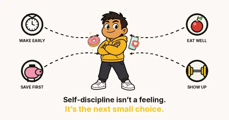 Self-discipline examples — The Growth Reads featured image: a cartoon person standing firm, arms crossed, ignoring a donut and a phone notification, with four rings for wake early, eat well, save first, and show up.