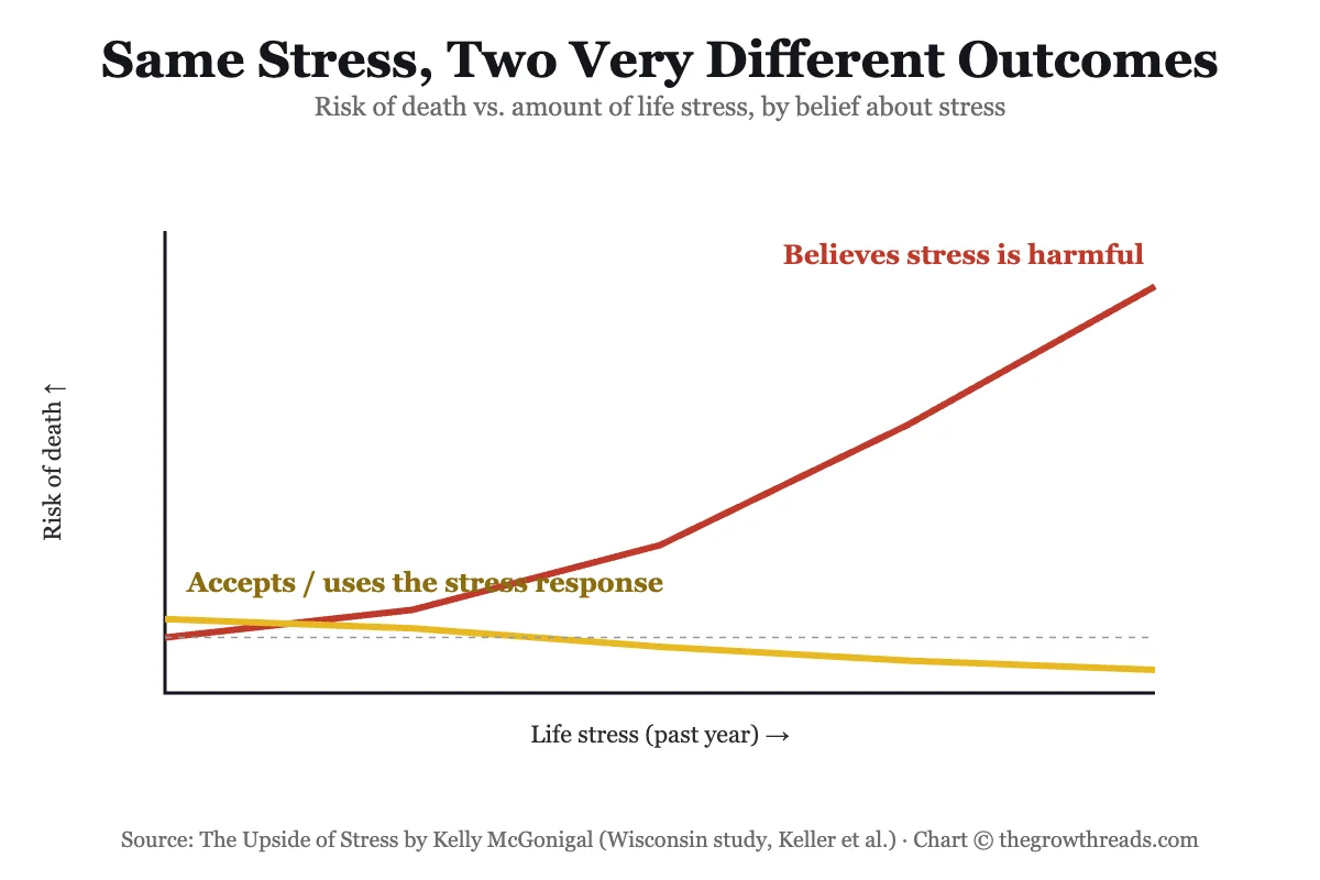 Chart: risk of death vs life stress by belief about stress - the core finding of The Upside of Stress
