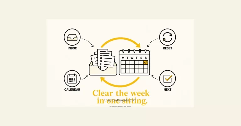 Weekly review featured image: inbox tray and calendar inside a closed yellow loop, with Inbox, Calendar, Reset, and Next rings. thegrowthreads.com
