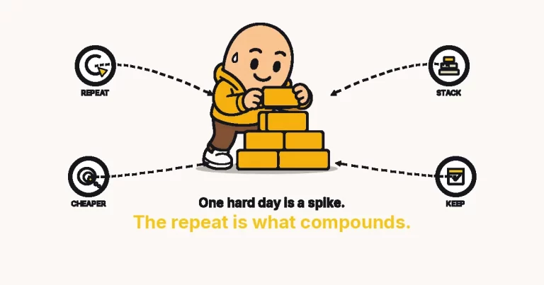 Why consistency is important — a cartoon person stacking mustard bricks, with REPEAT, STACK, CHEAPER and KEEP rings.