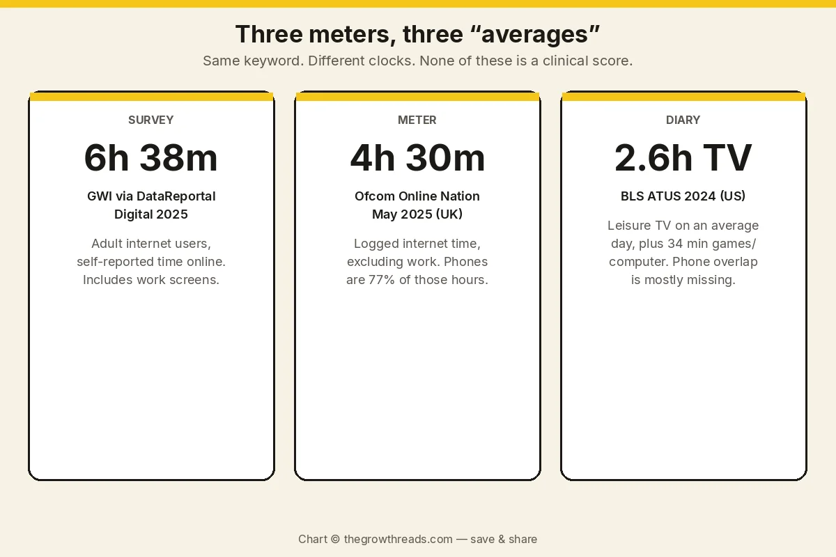 Three-column concept chart comparing adult screen-time meters: GWI survey 6 hours 38 minutes, Ofcom meter 4 hours 30 minutes, and US ATUS leisure TV 2.6 hours.