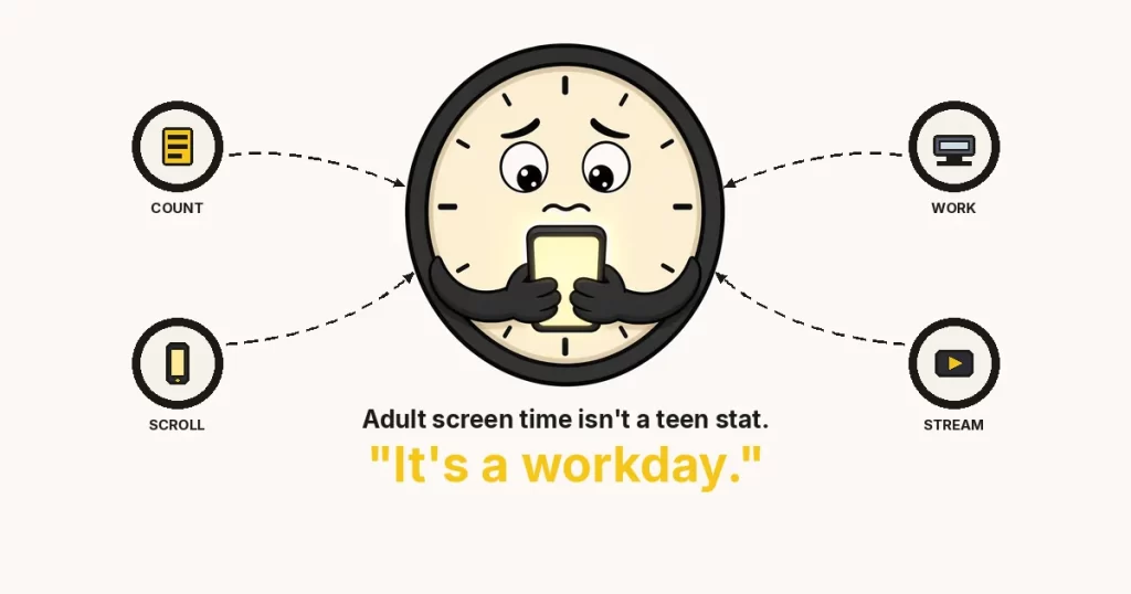 Average screen time for adults — a large cartoon clock character hugging a phone, with COUNT WORK SCROLL STREAM rings. The Growth Reads 6605 featured drawing.