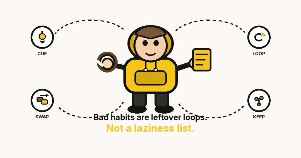 Cartoon hoodie figure swapping a worn leftover loop for a cue card. Bad habits are leftover loops, not a laziness list.
