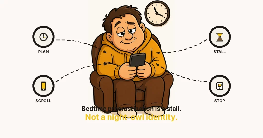 Bedtime procrastination featured image: a person in an armchair still on their phone after they meant to stop, with plan, stall, scroll, and stop rings.