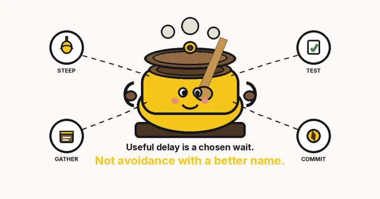 Cartoon stew-pot character showing useful delay as a chosen wait, with STEEP, GATHER, TEST and COMMIT rings.