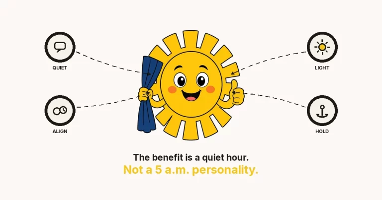 The benefits of waking up early — a large cartoon sun pulling a navy curtain, with quiet, light, align, and hold rings.