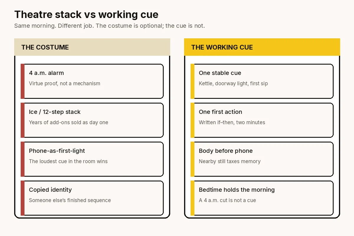 Chart comparing the costume version of a billionaire morning routine — 4 a.m. alarm, ice, copied identity — with the working cue: one stable trigger, one first action, body before the phone, and a bedtime that holds.