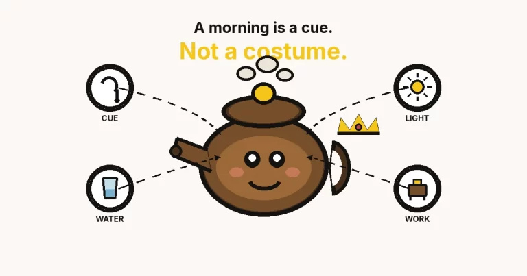 The billionaire morning routine minus the theatre — large cartoon kettle hub with a face and a discarded crown, plus CUE, LIGHT, WATER and WORK rings.