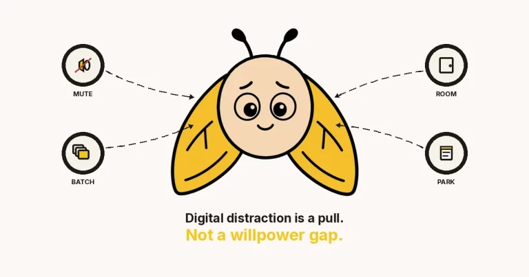 Digital distraction — a large cartoon moth hub with mute, room, batch, and park rings.