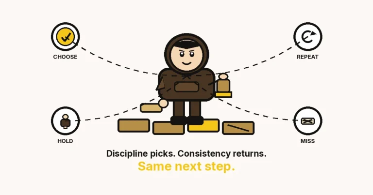 Discipline and consistency — The Growth Reads featured image: a hoodie stamper on repeating day-bricks, with choose, repeat, hold, and miss rings.