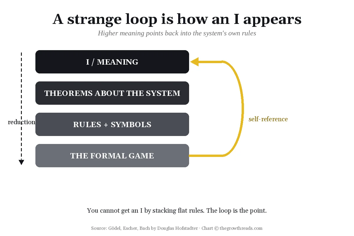 Diagram of a strange loop where higher meaning points back into the system’s own rules, from Gödel, Escher, Bach