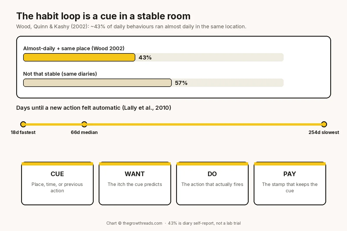 Bar chart of Wood, Quinn and Kashy 2002: about 43 percent of diary behaviours were almost daily in the same place, plus Lally 2010’s 18 to 254 day range to automaticity, and four loop stations CUE, WANT, DO, PAY.