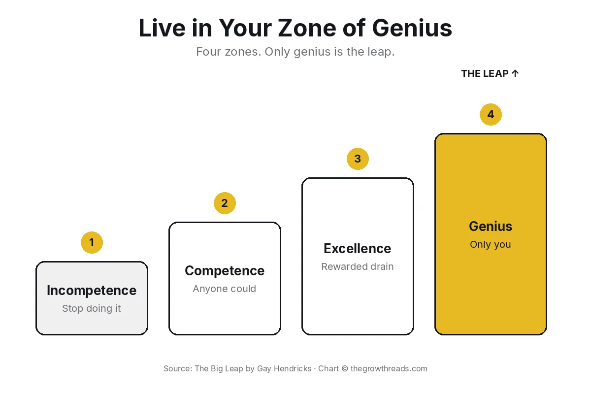 The four zones from The Big Leap: Incompetence, Competence, Excellence, Genius — only genius is the leap