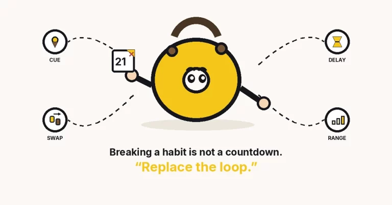Cartoon chain-loop character unhooking itself, holding a torn 21-day scrap. Breaking a habit is not a countdown — replace the loop.