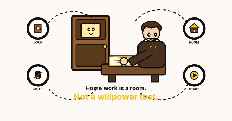 How to be productive at home — a large cartoon closed door and a person at a home table, with DOOR, ROOM, MUTE, and START rings.