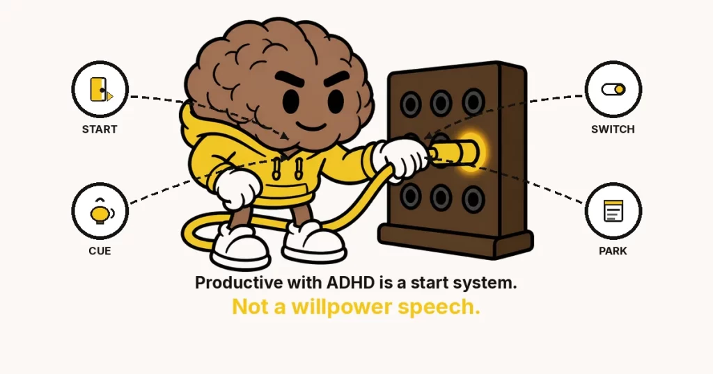 Cartoon network-brain in a yellow hoodie plugging one cable into a switchboard, with START, CUE, SWITCH, and PARK rings. Productive with ADHD is a start system. Not a willpower speech.