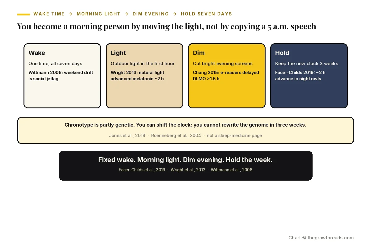 Landscape chart of how to become a morning person: fixed wake, morning light, dim evening, hold seven days.
