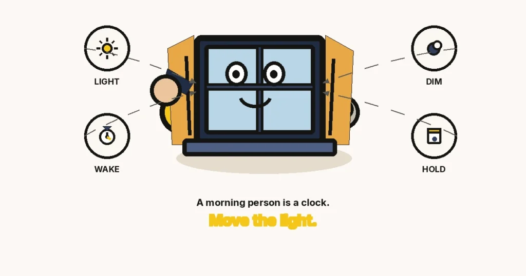 How to become a morning person — The Growth Reads featured image: a large cartoon window with a face, curtains yanked open to morning light, and LIGHT, WAKE, DIM, HOLD rings.