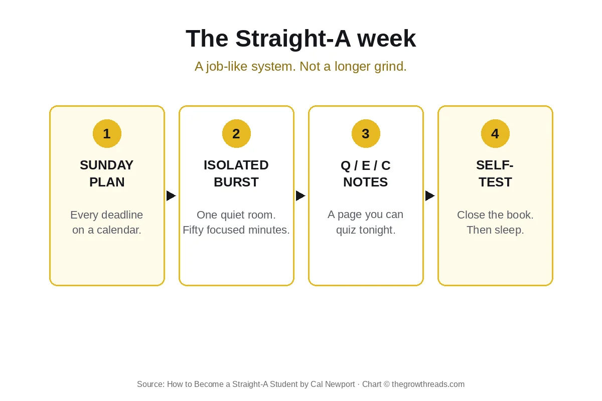 Four-step Straight-A week: Sunday plan, isolated burst, Q/E/C notes, self-test