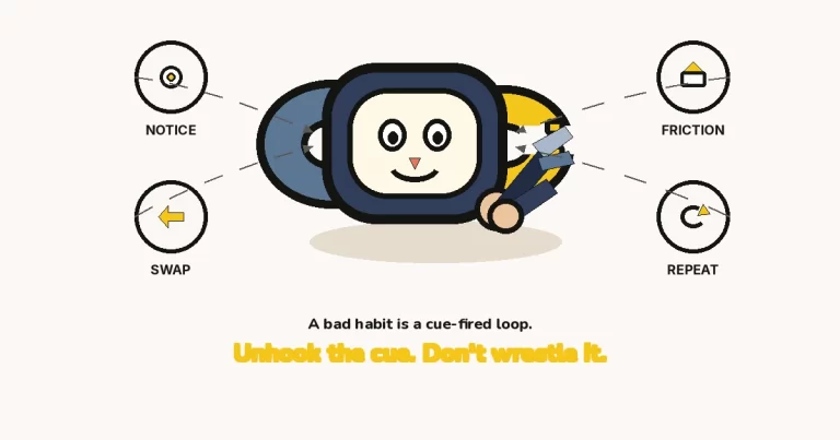 How to break bad habits — The Growth Reads featured image: a large cartoon chain-link character with a face on the centre link, bolt cutters snapping the right link, and NOTICE, SWAP, FRICTION, REPEAT rings.