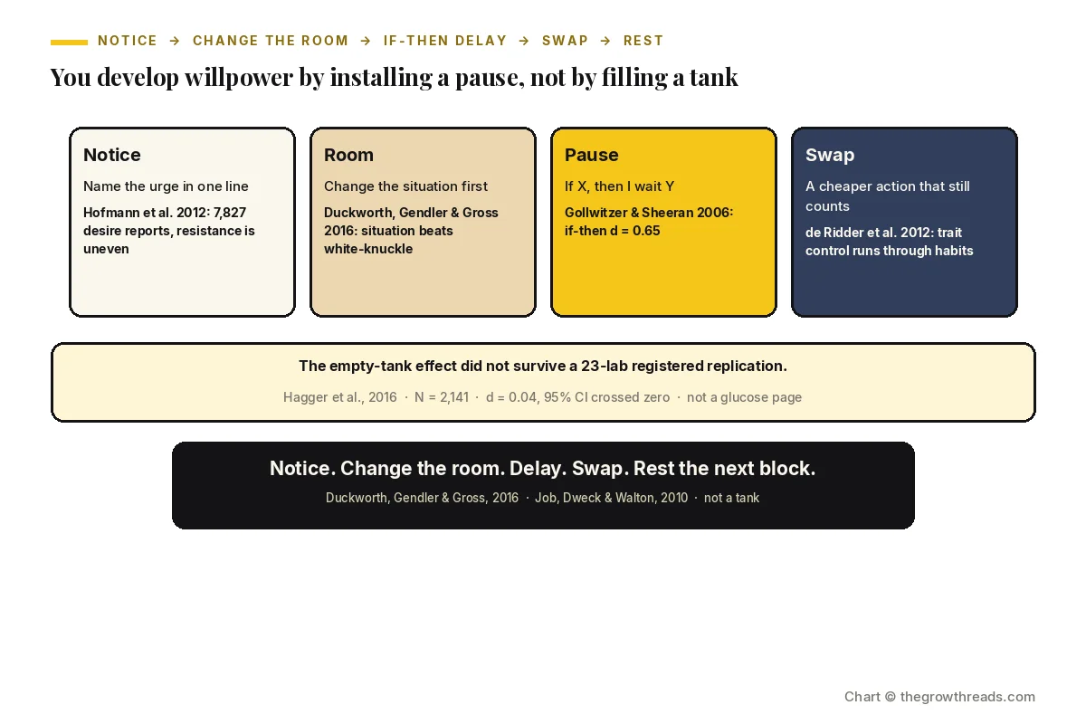 Landscape chart of how to develop willpower: notice the urge, change the room, if-then delay, swap a cheaper action.