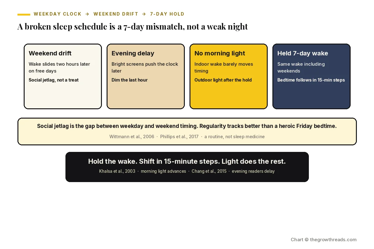 Landscape chart of a broken sleep schedule: weekend drift, evening delay, no morning light, and a held 7-day wake.