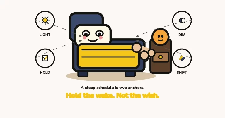 How to fix your sleep schedule — The Growth Reads featured image: a large cartoon bed character with a face on the pillow, a mustard duvet, an arm tucking a weekend moon, a sun on the nightstand, and LIGHT, HOLD, DIM, SHIFT rings.