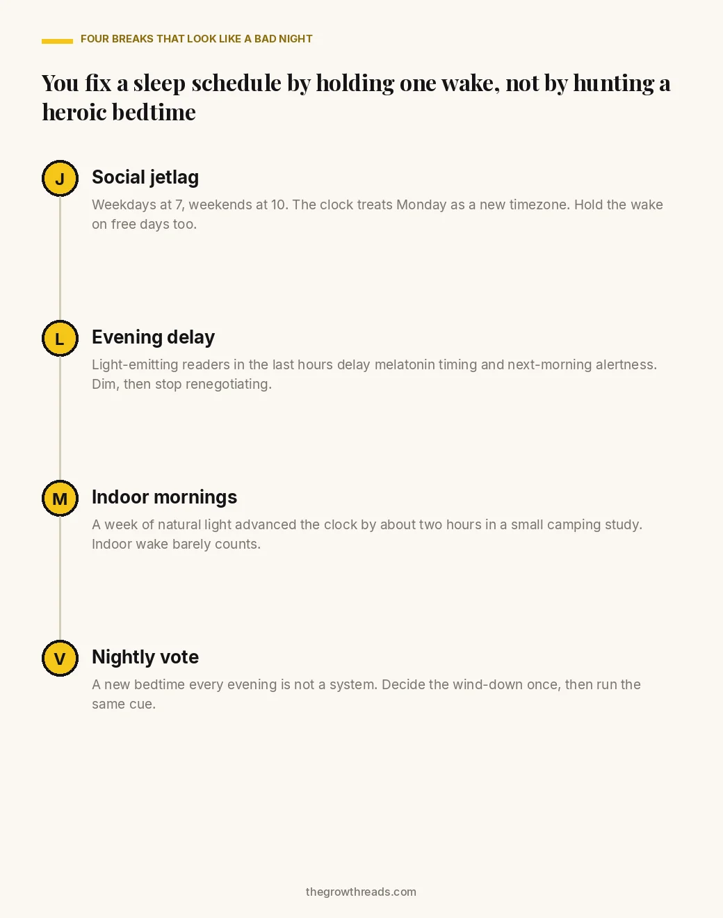 Portrait diagram of four sleep-schedule breaks: social jetlag, evening delay, indoor mornings and a nightly vote, with a one-line fix for each.