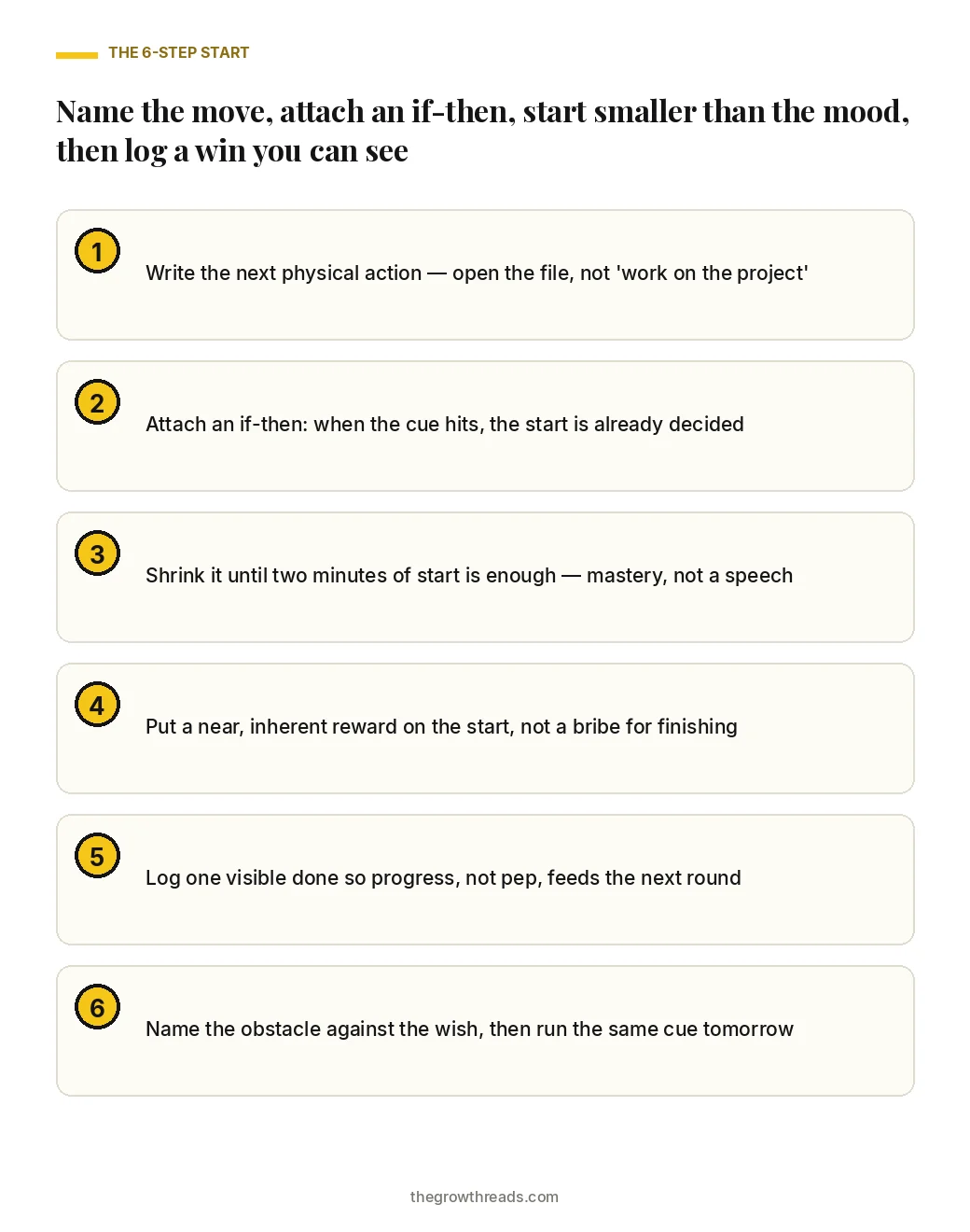 Portrait checklist of the six steps to get motivated: named action, if-then cue, tiny start, near reward, visible win, and obstacle contrast.