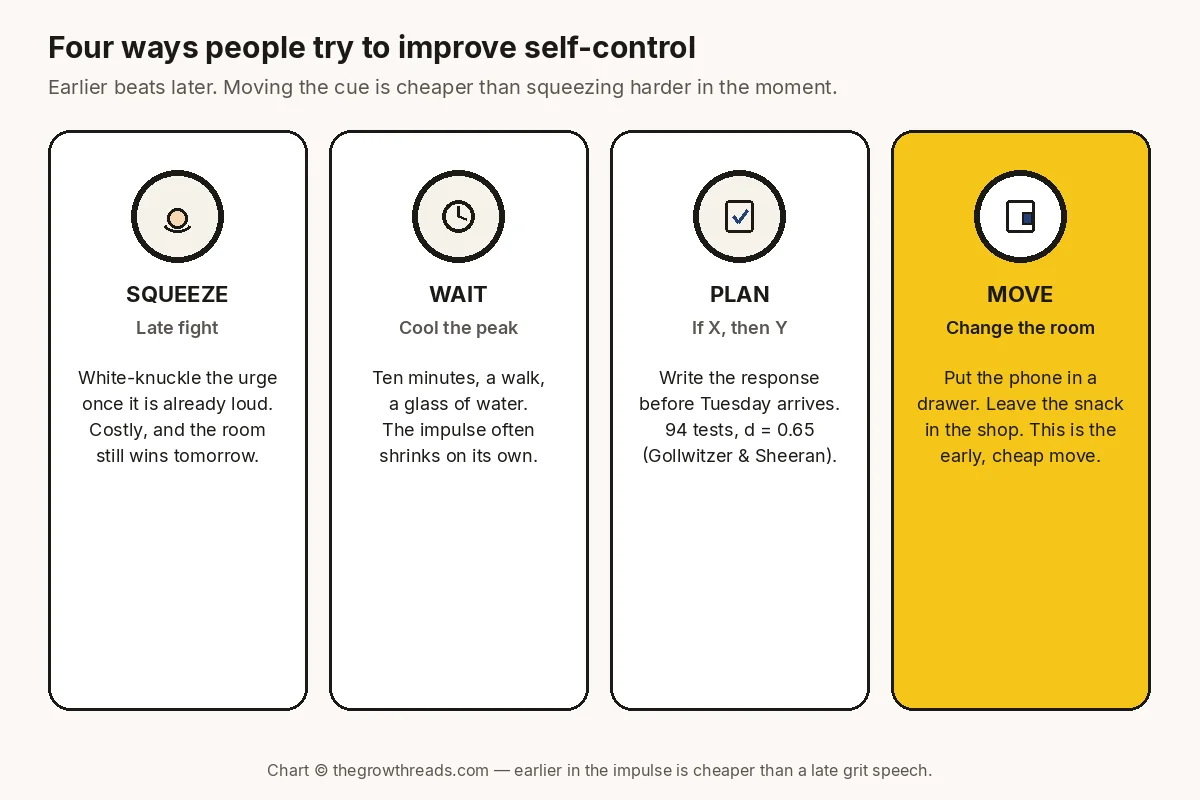 Four-card chart comparing squeeze, wait, plan and move as ways to improve self-control. Move — changing the room — is highlighted as the early, cheap option.
