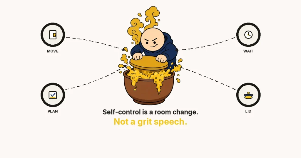 How to improve self-control — The Growth Reads featured image: a navy-hoodie cartoon presses a lid on a bubbling pot. Rings: move, wait, plan, lid.