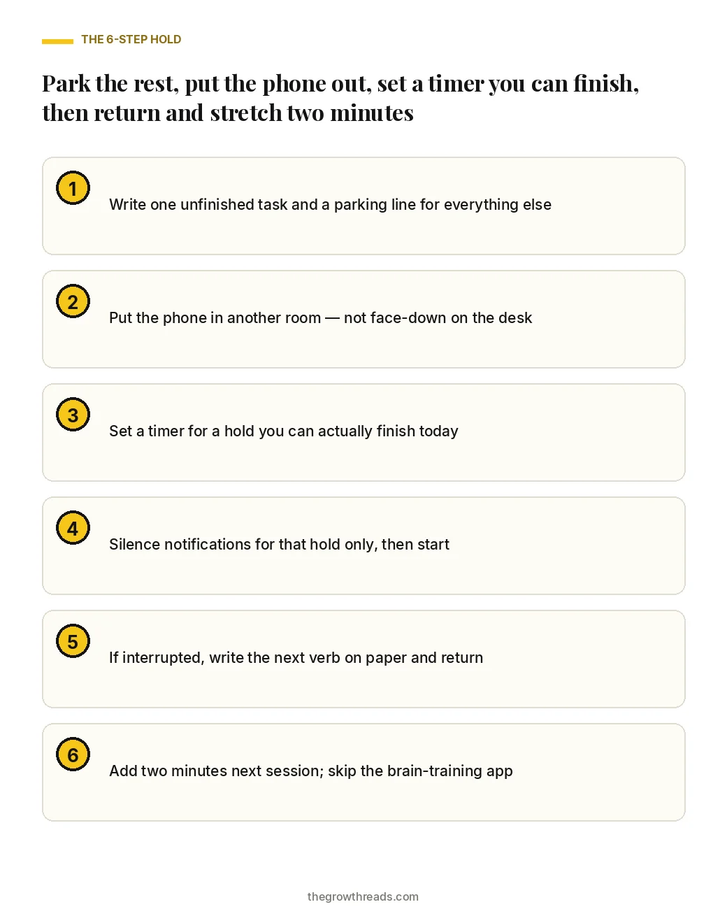 Portrait checklist of the six steps to increase attention span: park the rest, phone out, timed hold, silence pings, return line, and stretch two minutes.