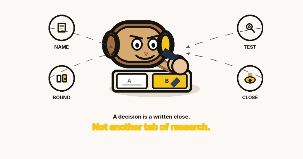 How to make a decision — The Growth Reads featured image: a large cartoon wooden gavel with a face, slamming a two-option card, and NAME, BOUND, TEST, CLOSE rings.