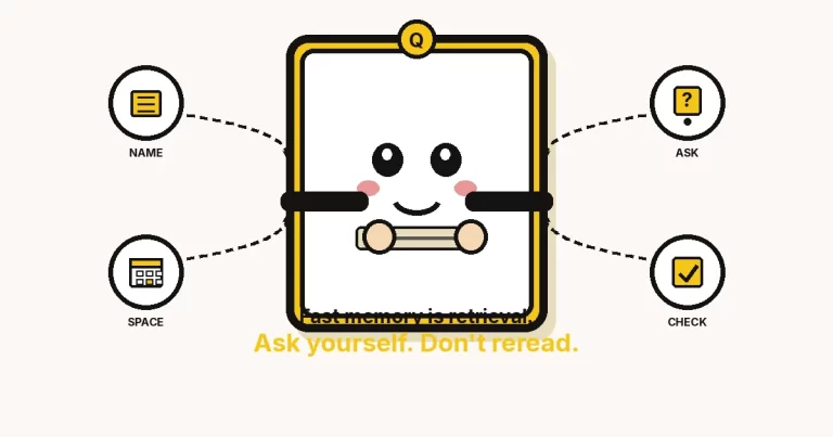 Cartoon flashcard with a face: NAME, ASK, SPACE, CHECK rings. Fast memory is retrieval.