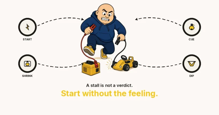How to overcome a lack of motivation — a cartoon character jump-starting a tiny go-kart, with Start, Shrink, Cue and Dip rings.