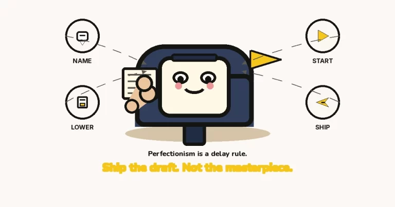 How to overcome perfectionism — The Growth Reads featured image: a large cartoon mailbox character with a face on the door, a mustard flag up, an arm stuffing a draft, and NAME, LOWER, START, SHIP rings.
