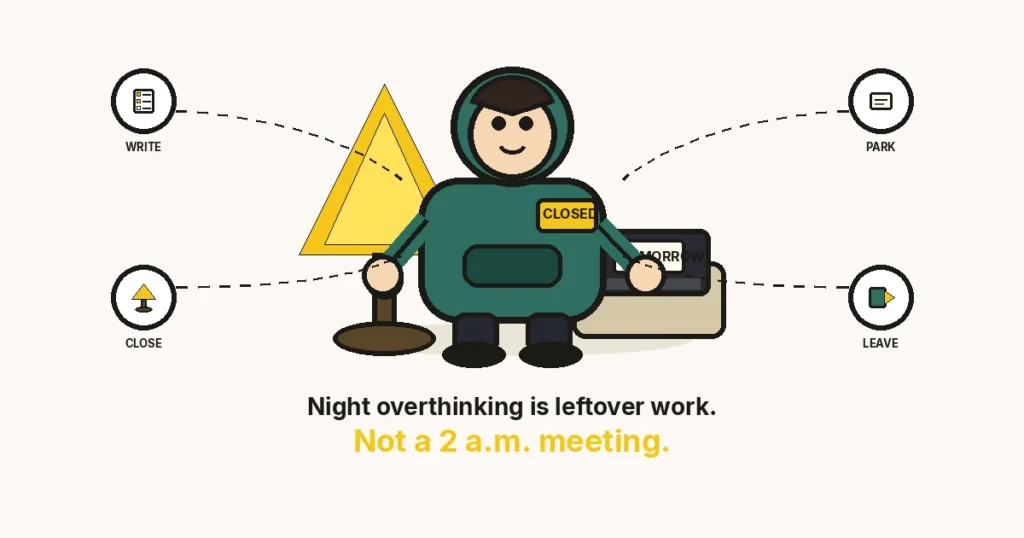 Teal-hoodie cartoon turns off a lamp over a closed laptop with a TOMORROW card. Night overthinking is leftover work, not a 2 a.m. meeting.