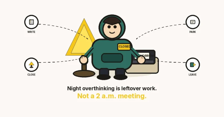 Teal-hoodie cartoon turns off a lamp over a closed laptop with a TOMORROW card. Night overthinking is leftover work, not a 2 a.m. meeting.
