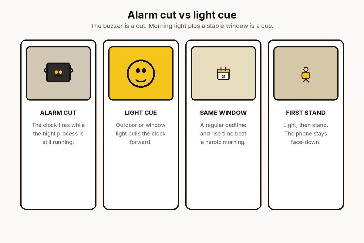 Four-column chart comparing an alarm cut, a morning light cue, a same sleep window, and a first stand — waking without an alarm as a cue, not a louder clock.